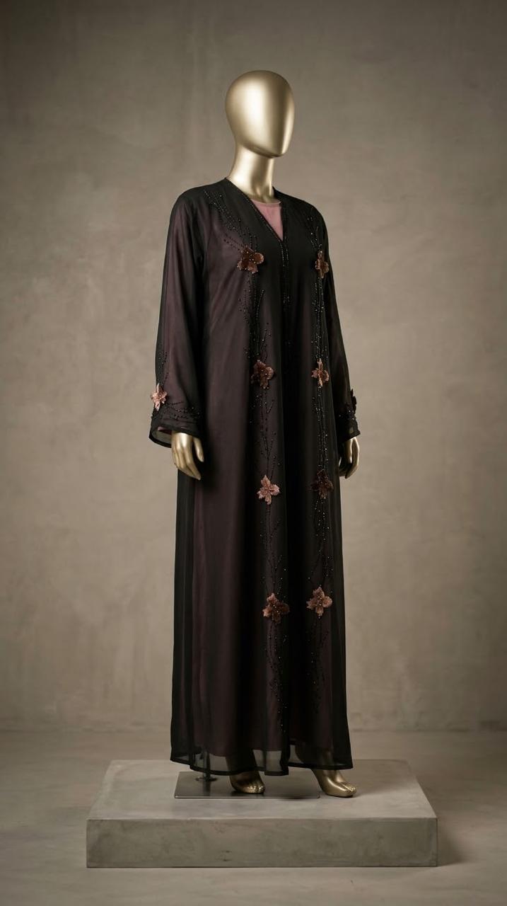 Black Chiffon Abaya with Rose Appliqué