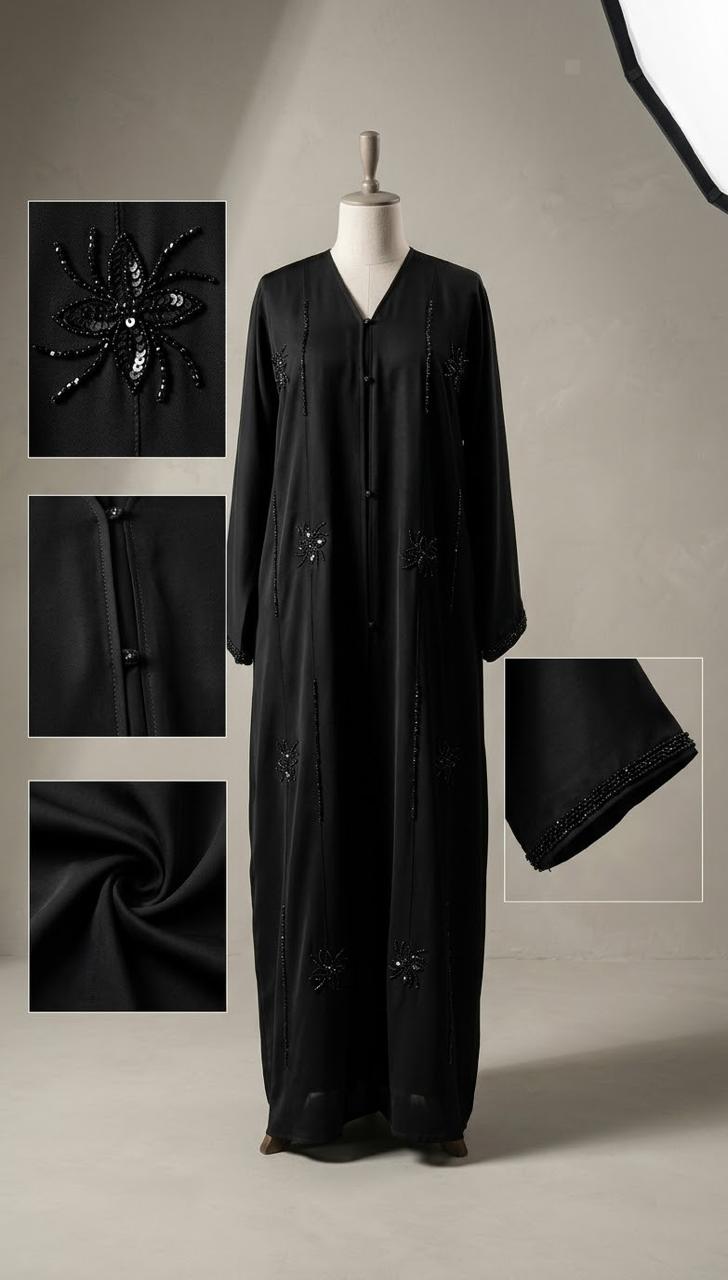Black Sequin Floral Abaya