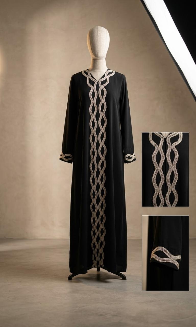 Black Abaya with Wave Trim