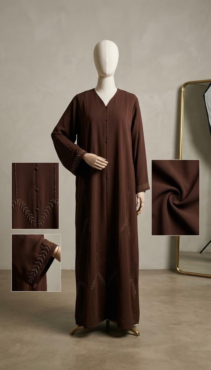 Brown Leaf-Embroidered Abaya