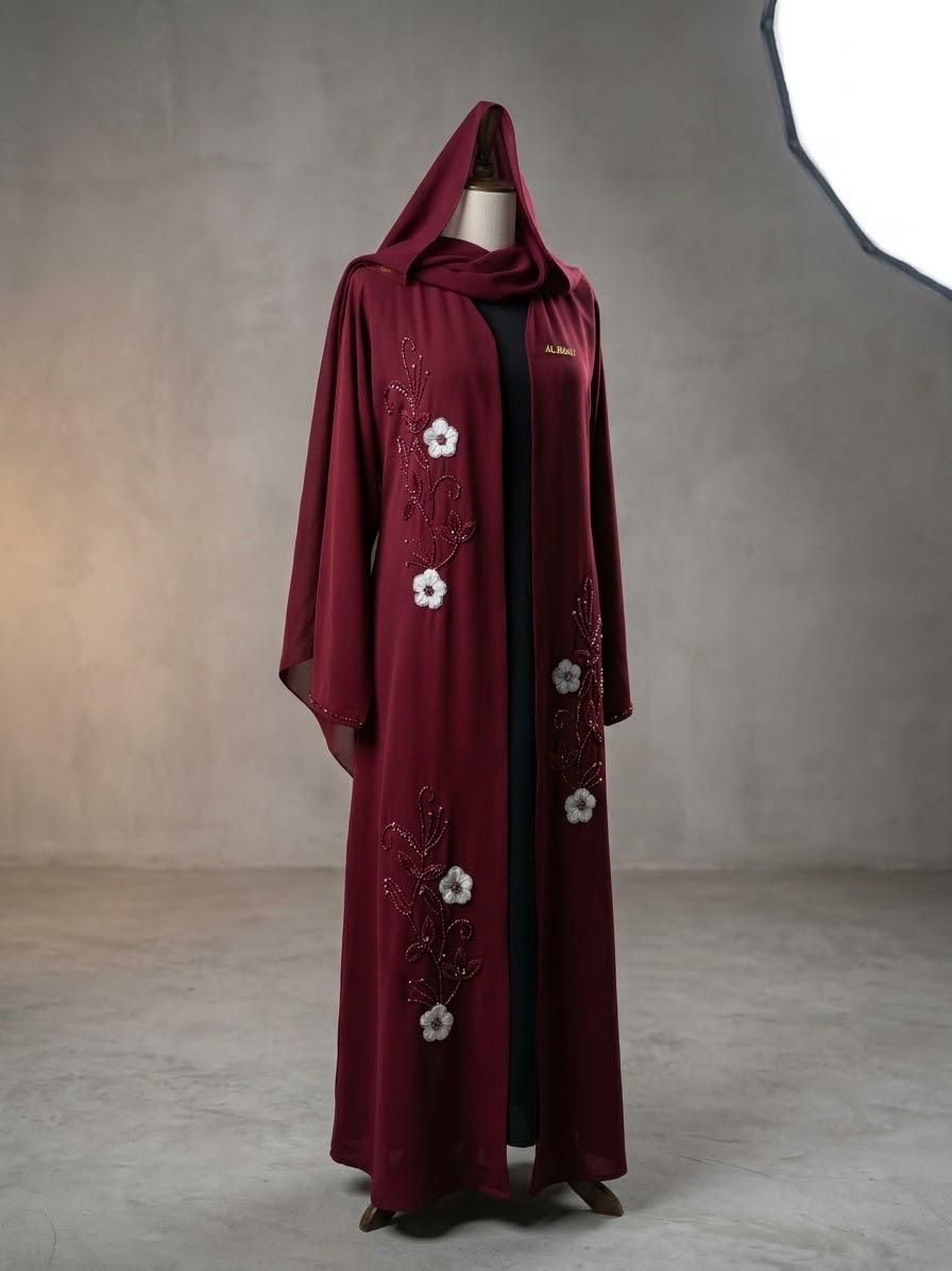 Burgundy Hooded Floral Abaya