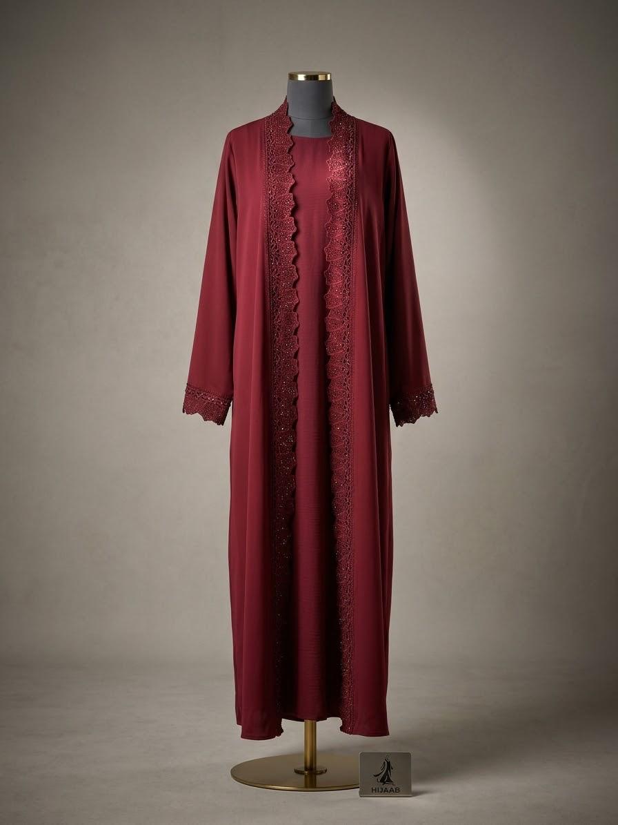 Red Lace-Trim Abaya